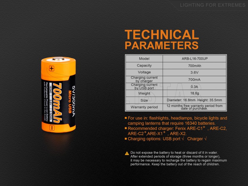 Dobíjecí USB baterie Fenix RCR123A/16340 (Li-ion)
